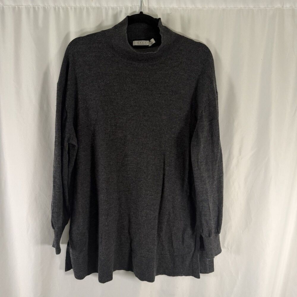 Masai Copenhagen 100% Wool Sweater Women's XL Grey Mock neck Long Sleeve Split